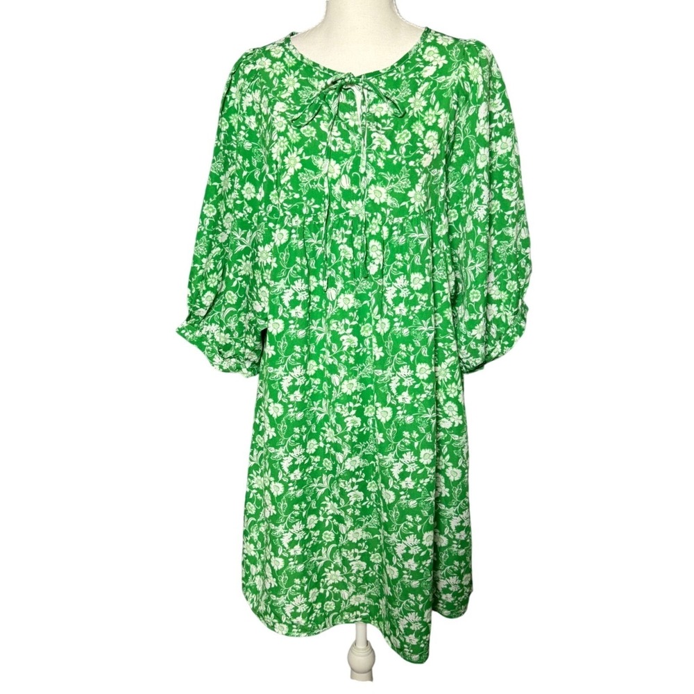 Dokotoo Floral Green Women Dress Size Medium Boho Balloon Sleeve Mini Tie Neck